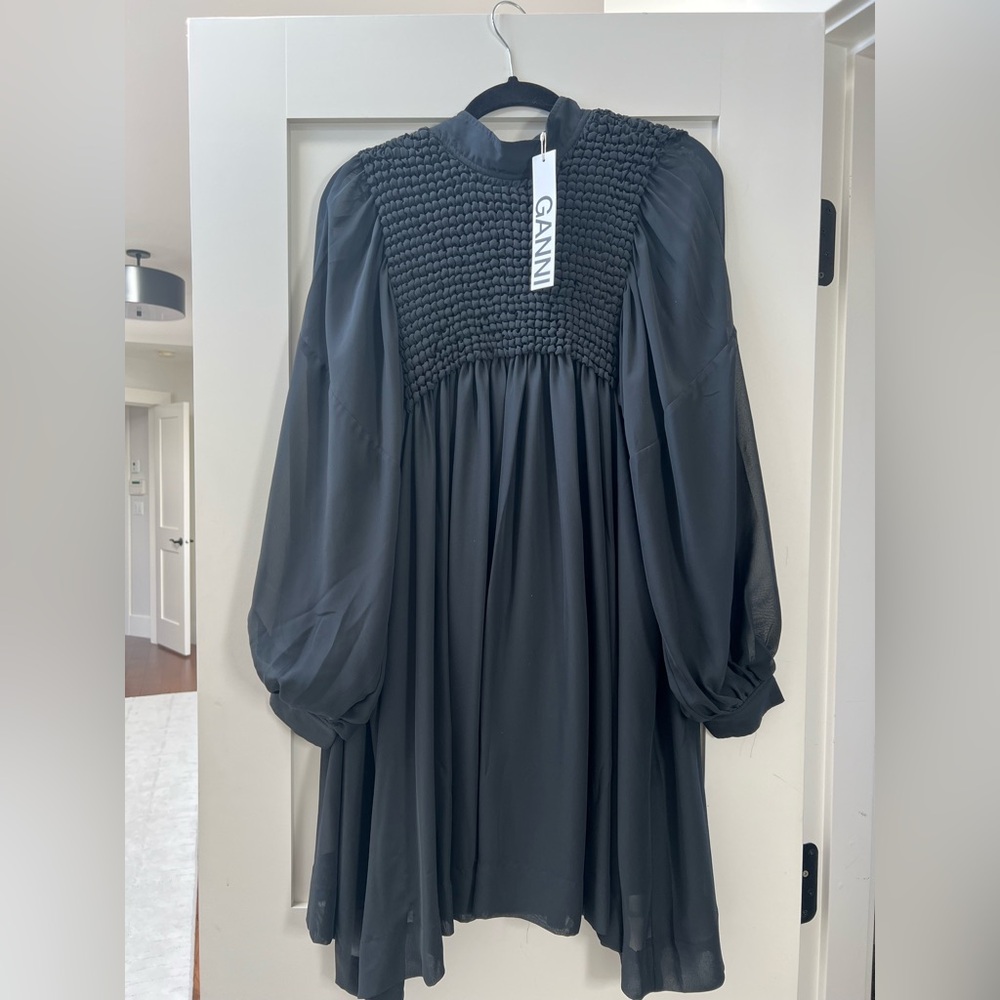 Ganni Black Long Sleeve Dress with Smocked Bodice